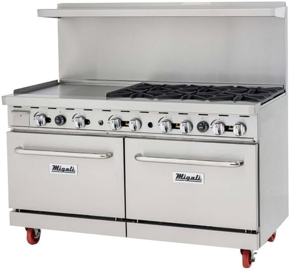 Migali C-RO6-24GL-LP 60" Liquid Propane 6 Burner Range with 2 Ovens with 24" Griddle - 240,000 BTU - High Polished, Stainless Steel Exterior, ETL Listed & Sanitation - Ideal for Commercial Kitchen