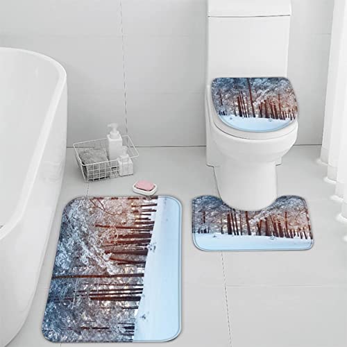 Badezimmer Badematte 3 Teilig Set Winterlandschaft rutschfest Badteppiche Saugfähig Badezimmermatte Weich WC-Deckelbezug…