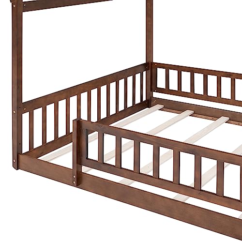 Bellemave Full Size House Bed Frame, House Beds for Kids, Montessori Floor Bed with Fence, Playhouse for Kids, Walnut by Bellemave - Image 8