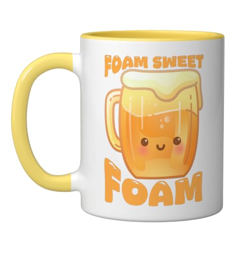 Kawaii Beer Mug Foam Sweet Foam Funny Brew Ceramic Mug, Yellow/White
