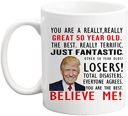 Qsavet 50th Birthday Gifts For Women, Trump Coffee Mugs for 50 Year Old, 1973 Birthday Gifts for Men, Novelty Coffee Mug for Mom, Dad, Family, Neighbor, Coworker, Teacher - 11oz Trump Mug