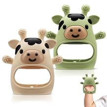 TOHIBEE 2 Packs Baby Teething Toys for 0-6 6-12 Months, Food Grade Silicone Adjustable Cow Teething Mitten, Chew Teether Toys for Teething Pain Relief, Baby and New Born Essentials, Green & Beige
