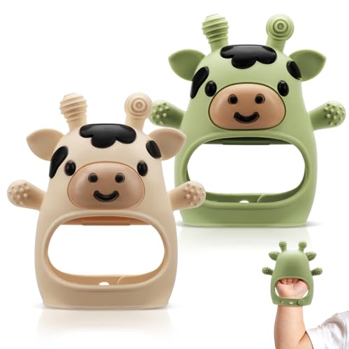 Image of TOHIBEE 2 Packs Baby Teething Toys for 0-6 6-12 Months, Food Grade Silicone Adjustable Cow Teething Mitten, Chew Teether Toys for Teething Pain Relief, Baby and New Born Essentials, Green & Beige
