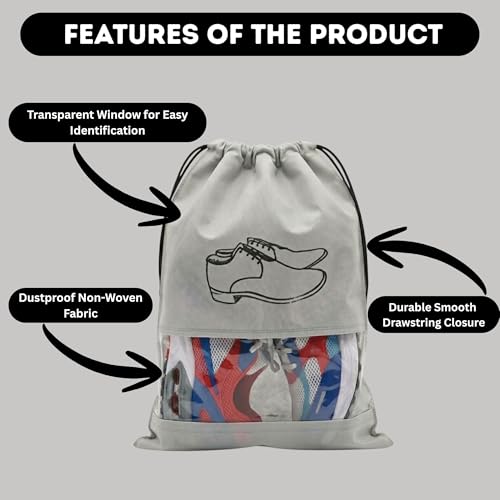 Image of Hian Grey Non-Woven Shoe Bags - Travel Shoe Organizer with Transparent Window & Drawstring Closure, Dustproof, Breathable & Reusable Storage for Men & Women, Home & Luggage, Pack of 6