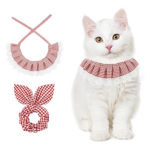 E-Clover Cat Collar & Matching Scrunchie Lace Cat Bandana Adjustable for Kitten Kitty Girl Owner Gift Red White Plaid Cover
