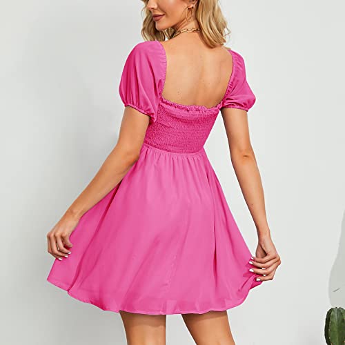 Byinns Women's Sweetheart Neckline Dress Smocked Sundress Puff Short Sleeve Drawstring Dresses Rose #TOP4