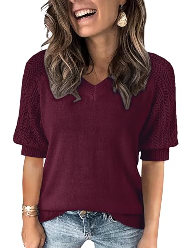 Women Half Sleeve Knitted Sweater, Fall Summer Solid Hollow Crochet Top - V Neck, Elasticity, No Pilling, Lightweight