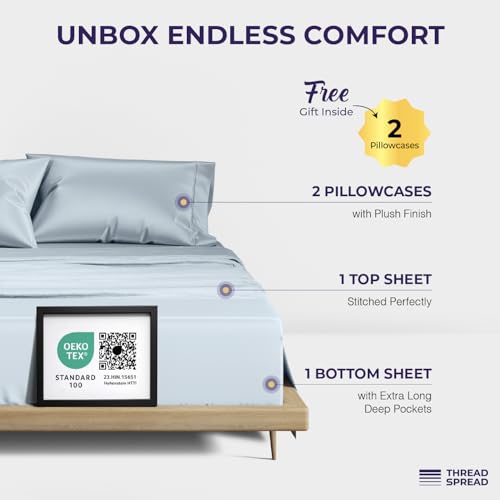 Image of THREAD SPREAD Luxury King Size Sheets Set - 2000 Series 100% Egyptian Cotton Cooling Sheets King Size (4 PC, Light Blue), Silky Soft, Cooling, Sateen Weave, 17 inch Extra Deep Pocket Hotel Bedding Set