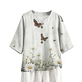 Womens Casual Loose Oversized Cotton Linen Shirts Printed V Neck Blouse Tops Half Sleeve Button Down T Shirts