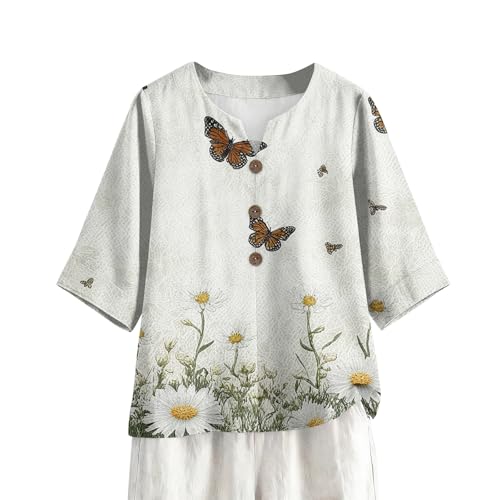 Womens Casual Loose Oversized Cotton Linen Shirts Printed V Neck Blouse Tops Half Sleeve Button Down T Shirts