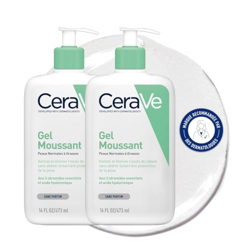 CeraVe - Gel Moussant - Nettoie & Elimine l'Excès de Sébum Sans Altérer la Barrière Cutanée - Acide Hyaluronique, Céramides & Niacinamide - Peau Normales à Grasses - 2x473ml