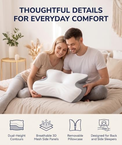 JKNJKN Low Profile Cervical Pillow for Neck Pain Relief, Orthopedic Memory Foam Pillow with Dual Height 4.3" & 5.1" Loft, Cooling Butterfly Contour with Arm Rest for Side and Back Sleepers - image 6