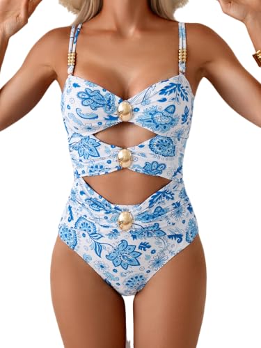 Image of B2prity Cutout One Piece Swimsuit Tummy Control Ruched Monokini Color Block Bathing Suit for Cruise Vacation