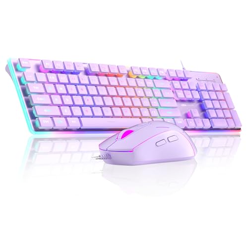 MageGee GK970 Clavier de jeu filaire rétroéclairé et souris Combo – Clavier PC violet avec souris rose, DPI réglable pour PC/ordinateur portable/Mac