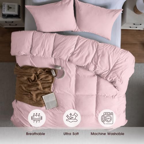 Image of Washed Primrose Pink Duvet Cover Set King Size,2 Pillow Shams, No Comforter | Prewashed Microfiber, Button Closure,4 Corner Ties, Ultra Soft, Cotton-Like, All Seasons, King Duvet Cover 104x90 in