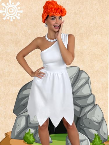 Image of Womens Cavewoman Costume with White One-Shoulder Midi Dress,Necklace,Earrings,Wig,Inflatable Stick for Halloween