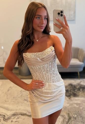 Strapless Satin Homecoming Dresses for Teens 2025 Sequin Tight Lace Bodycon Short Cocktail Prom Dress2