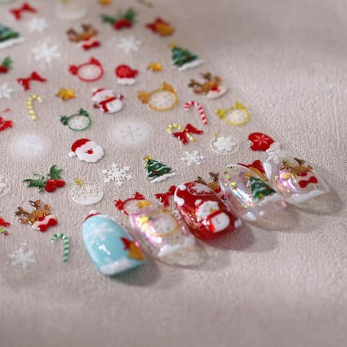 Christmas Nail Art Stickers 5D Embossed Santa Claus Nail Stickers Self-Adhesive Snowflake Bell Canes Xmas Tree Elk Gloves Nail Decals for Women Girls Winter Holiday Manicure DIY Nail Supplies