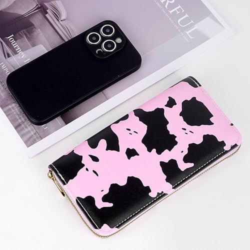 Pink Cow Print Wallet for Women - Long Zip Around Clutch with Wristlet, Credit Card Organizer and Phone Holder4