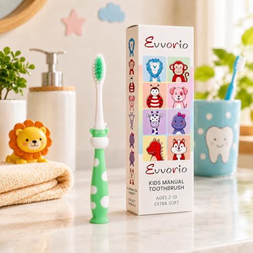 Image of Toothbrush for Kids with Ultra Soft Bristles for Oral Cleaning, Suitable For 2-12 Years Toddlers, Giraffe Design, Green, Pack of 1