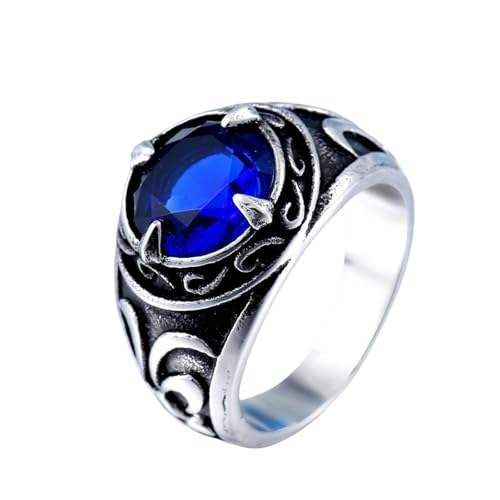 Sumpgle Anillo de acero inoxidable vintage para hombre con incrustaciones de zafiro azul flor tallada Joyería de acero al titanio