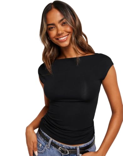 Image of SIGHTBOMB Ultra Soft Fabric Afford LUX Edition Double Layered Boat Neck Folded Cap Sleeves SOFTLINE Cuddle TOP for Women