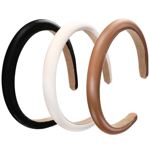 NARUNING 3 Pcs Padded Headbands for Women, Solid Color Leather