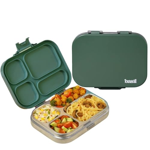 Image of Basil Bento Box Quad - 4 Compartment Stainless Steel Lunch Box with BPA-Free Plastic Lid | 800 ml Leak-Proof Tiffin Box for Kids & Adults | Premium School, Office, and Picnic Lunch Box - Wild Wood