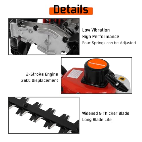 26Cc Petrol Hedge Trimmer, 24 Inch Double Sided Blades, High Power Copper Motor, 2 Stroke Engine, Thickened Splash Guard, Lightweight Anti Slip Handle, For Home Garden Yard (Red) - 6