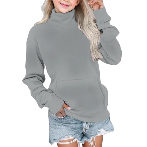 Korean Sweatshirt for Teen Girls Turtleneck Pullover Top with Pocket Casual Loose Fit Comfy Outfits Kids Fall Winter Clothes