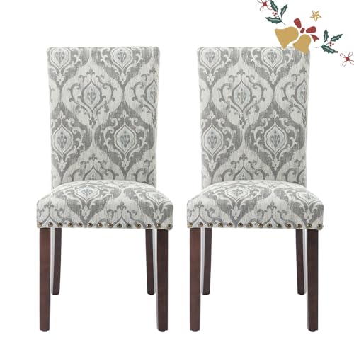 Image of Parsons Dining Chairs Set of 2, Upholstered Nailhead Dining Room Kitchen Side Chair with Thick Cushions and Wood Legs, White /Grey