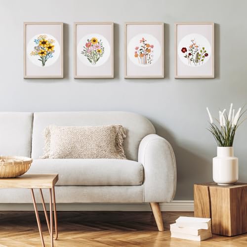 Image of KintKita Floral Embroidery Kit for Adults 4 Sets, Easy DIY Embroidery Kits for Beginners Stamped Cross Stitch Practice Kit, Includes Stamped Flower Pattern, Hoop, Color Threads,Tools