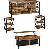 Yaheetech Industrial 4 Pieces Living Room Table Set - Includes TV Stand for up to 65 in TV, Lift-top Coffee Table with Fabric Baskets, 3-Tier End Table 2 Set, Rustic Brown
