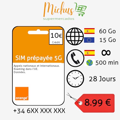 Carte SIM prépayée Orange Espagne - 60 Go + appels illimités + 15 Go Roaming UE