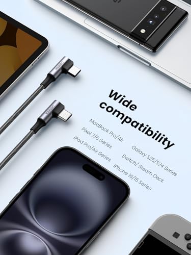 Image of UGREEN 100W USB C to USB C Charger Cable 90 Degree, PD Fast Charging Cord for iPhone 17 Pro Max /16, MacBook Pro, iPad 2024, Huawei Matebook, Chromebook, Pixel, Galaxy S25 S24, Switch, 1M
