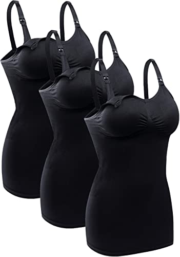 BRLIDO Womens Nursing Tank Tops Built in Bra for Breastfeeding Maternity Camisole Brasieres, Black*3, Medium