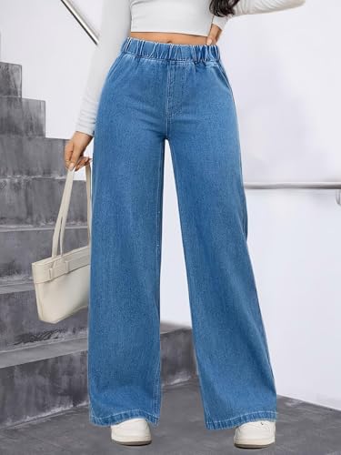 Image of ADBUCKS Women's Stretch Denim Wide Leg Jeans Comfort Fit with Elastic Waistband, Straight Cut, Casual Style for All Seasons, Versatile Clothing