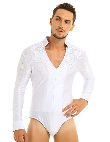 inhzoy Mens Long Sleeves Shiny Rhinestones Latin Rumba Dance Ballroom Training Shirt Bodysuit White XXL