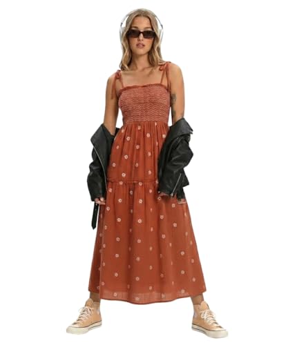 Image of Women Floral Embroidered Maxi Dress Boho Sleeveless Tie Strap Shoulder Dresses Smocked Summer Sundress with Pockets