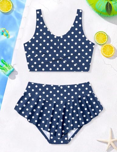 Image of Qaoerde Girls Swimsuit Tropical Print Bikini Set with Ruffle Hem Two Piece Criss Cross Bathing Suits for Girls 7-16 Years
