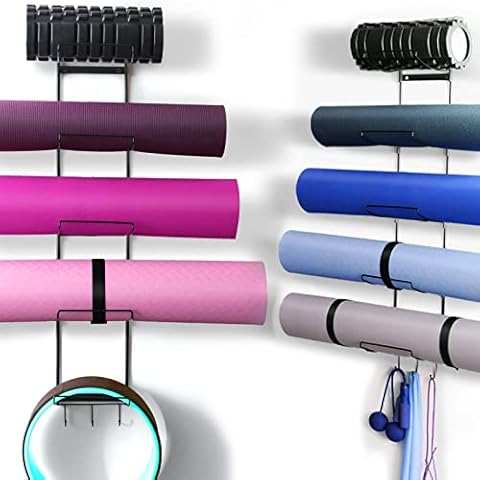 5-Tiers Yoga Mat Holder Wall Mount, Metal Storage Rack for Yoga Mat/Wheels, Foam Roller and Block etcs, Wall Rack Organizer with 3-Hooks for Hanging Stretching Strap & Resistance Bands（2 Pack） Cover