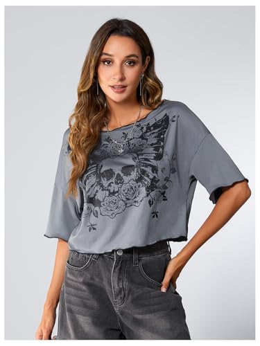 SOLY HUX Womens Y2K Grunge Shirts Short Sleeve Off Shoulder Crop Graphic Tees Goth Skull Tops4
