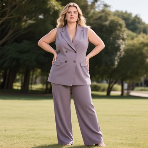 Plus Size Womens Vest and Wide Pants 2 Pcs Outfits Set Summer Sleeveless Blazer Business Wedding Work2
