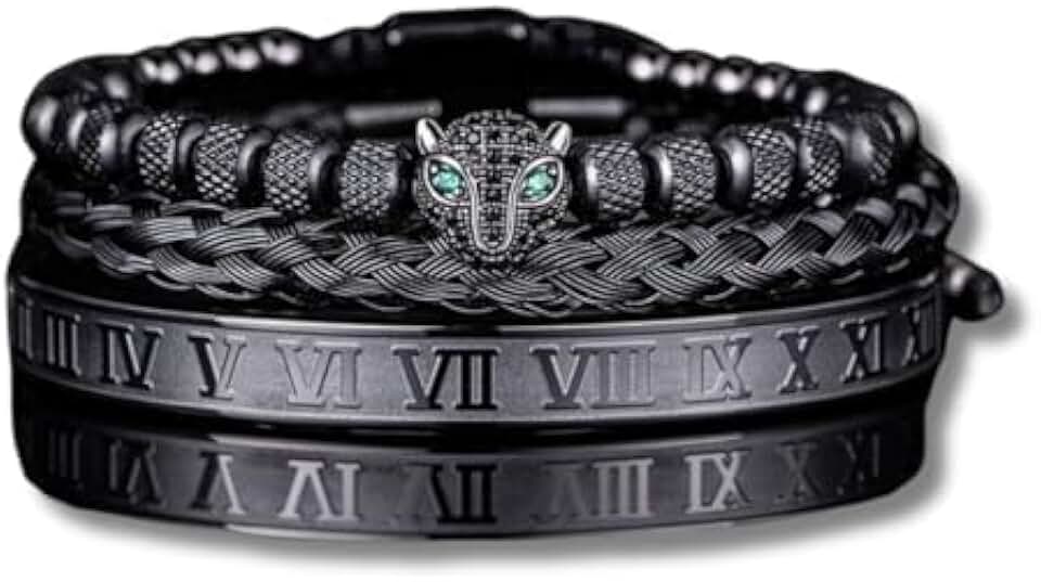 Kit de Pulseiras Masculinas "King Panther" 3 Peças Aço Inoxidável 19cm – Estilo, Força & Autoconfiança – Acompanha Bolsa de Veludo