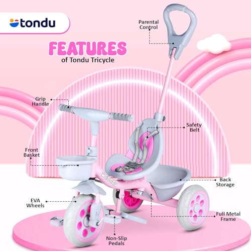 Image of TONDU Kiddo Tricycle for Kids /Baby with Storage Basket | Seat Belt with Parental Control Baby Tricycle (Pink)