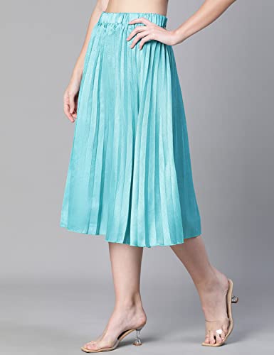 Image of oxolloxo Women Solid Blue Dupion Silk Pleated & Elasticated Skirt