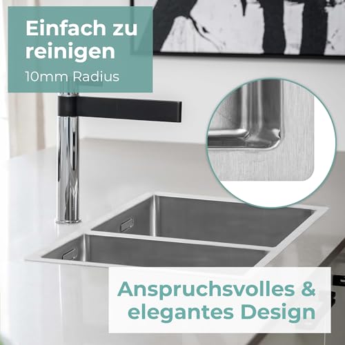 MIZZO Edelstahlspüle 18+34x40cm | Küchenwaschbecken 1.5 Becken | Spülbecken ab 60er Schrank | Einbauspüle Unterbauspüle | Außenmaß 590x444mm | Spüle mit runde Innenecken | Küchenspüle Edelstahl