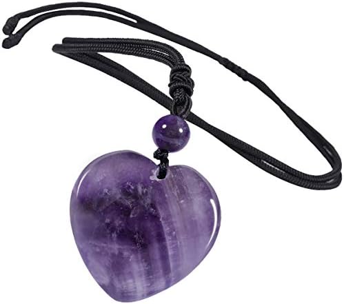 TUMBEELLUWA Carved Stone Heart Shape Necklace Chakra Quartz Pendant with Cord Amulet Healing Crystal Jewelry for Unisex, Amethyst