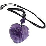 TUMBEELLUWA Carved Stone Heart Shape Necklace Chakra Quartz Pendant with Cord Amulet Healing Crystal Jewelry for Unisex, Amethyst