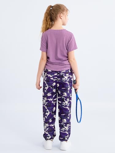 Image of ESHOO Teen Girls 2 Piece Outfits Kids Girls Ruched Drawstring Ribbed Knit Short Sleeve T Shirt Camouflage Pants Clothing Set
